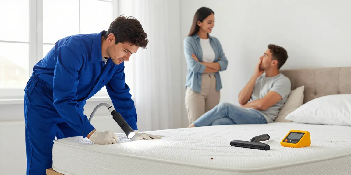 Exterminator conducting bed bug removal in a bright bedroom.