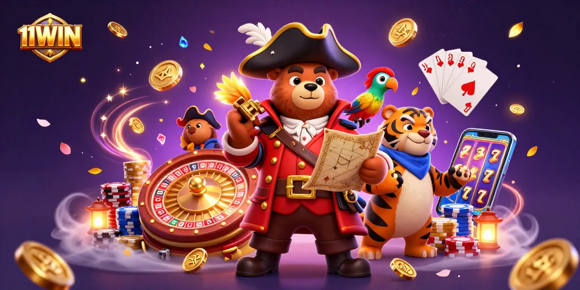 Experience excitement with 11WIN's vibrant casino scene featuring animated characters and casino elements.