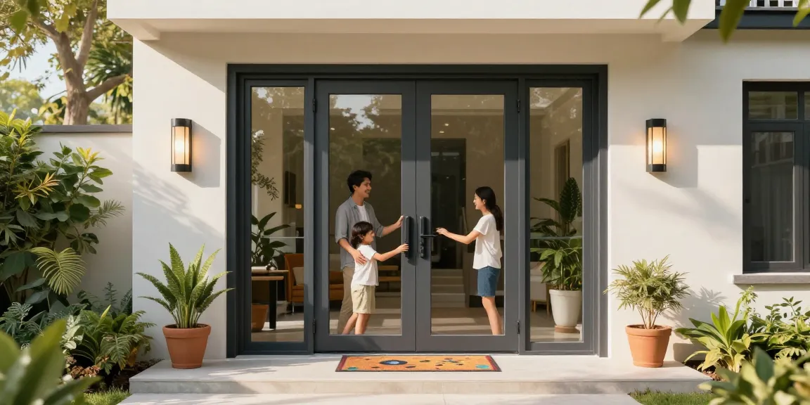 Elegant entrance featuring a single leaf double swing door with glass, inviting guests into a modern home.