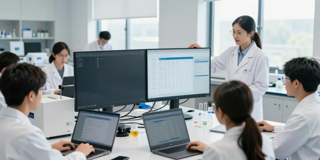 Group training on LabWare LIMS online training in a professional lab environment