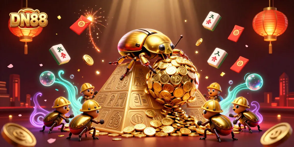 Experience the excitement of DN88 with a dynamic scene depicting golden beetles amidst a rich casino atmosphere.