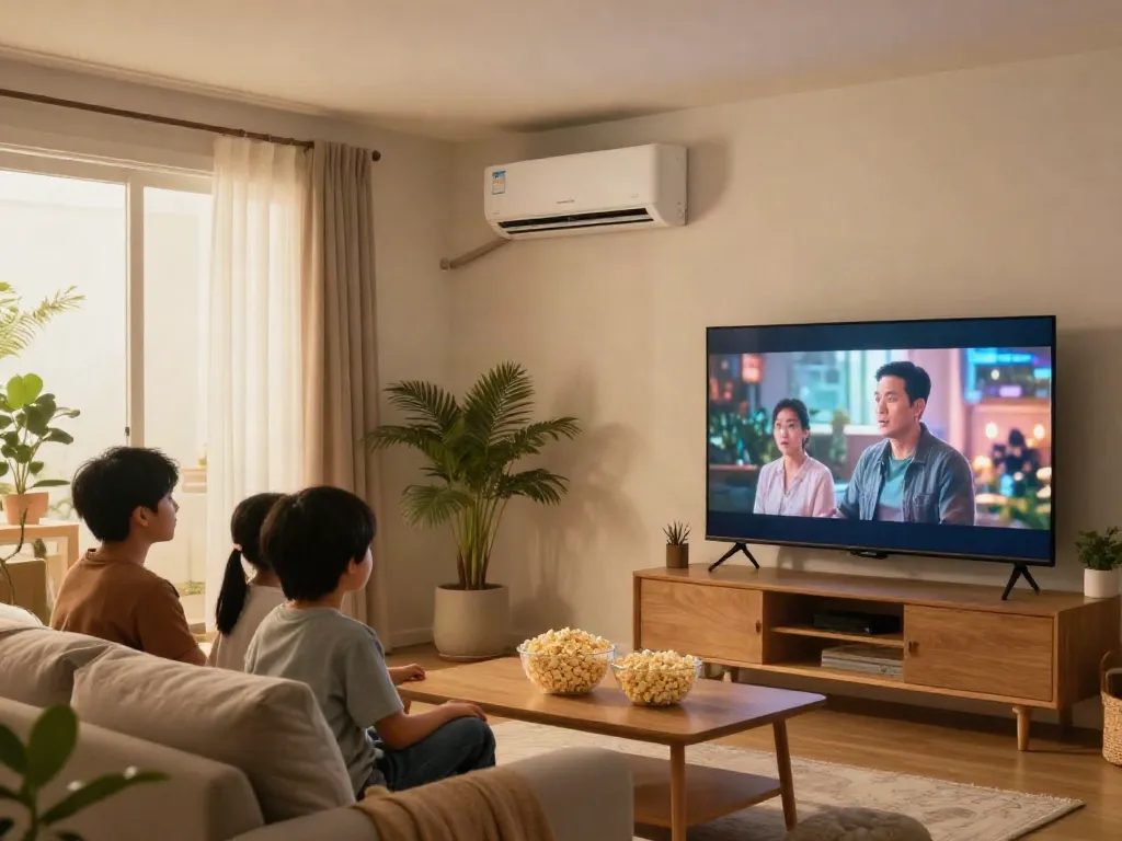 Ductless air conditioner mini in a cozy living room where a family enjoys movie night.