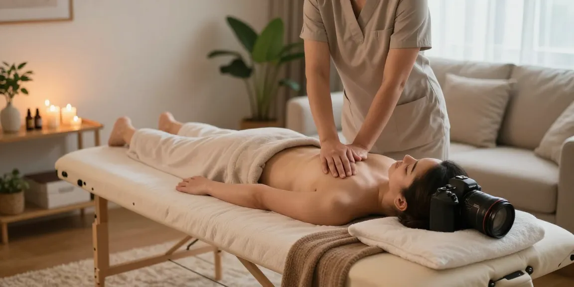 Relaxing 수원출장마사지 session in a cozy living room with ambient lighting and soothing atmosphere.