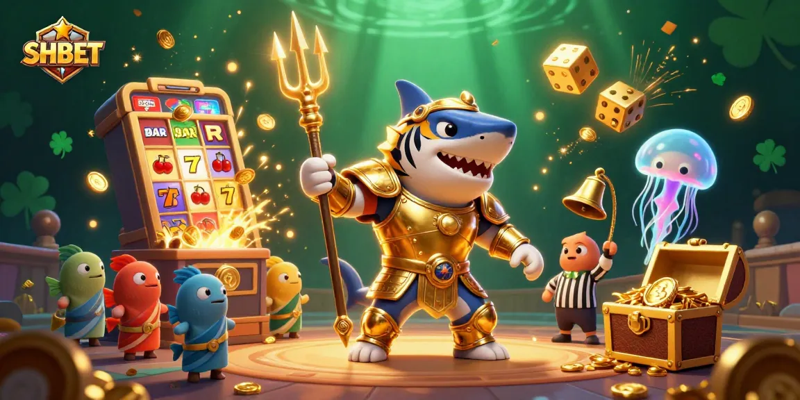 Experience the excitement of SHBET with a vibrant underwater casino showdown featuring a golden gladiator tiger shark.