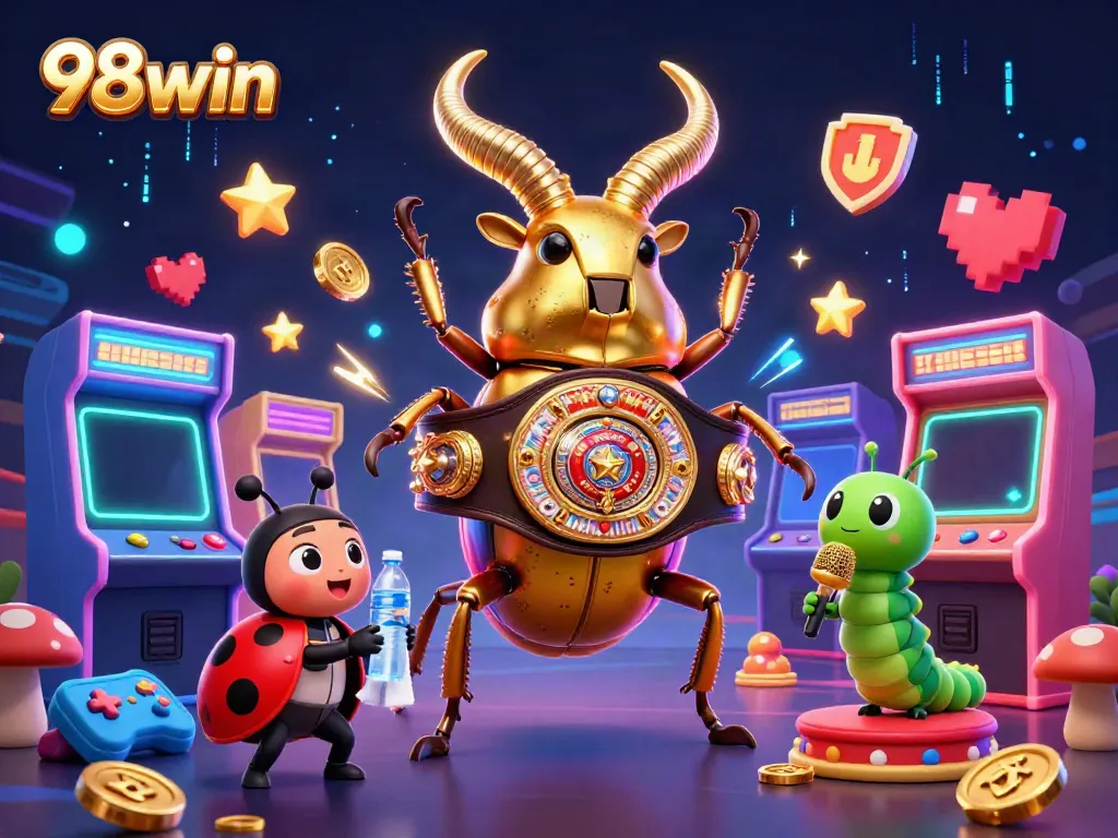 Experience the excitement of 98win as a giant golden stag beetle faces off in a casino-themed battle