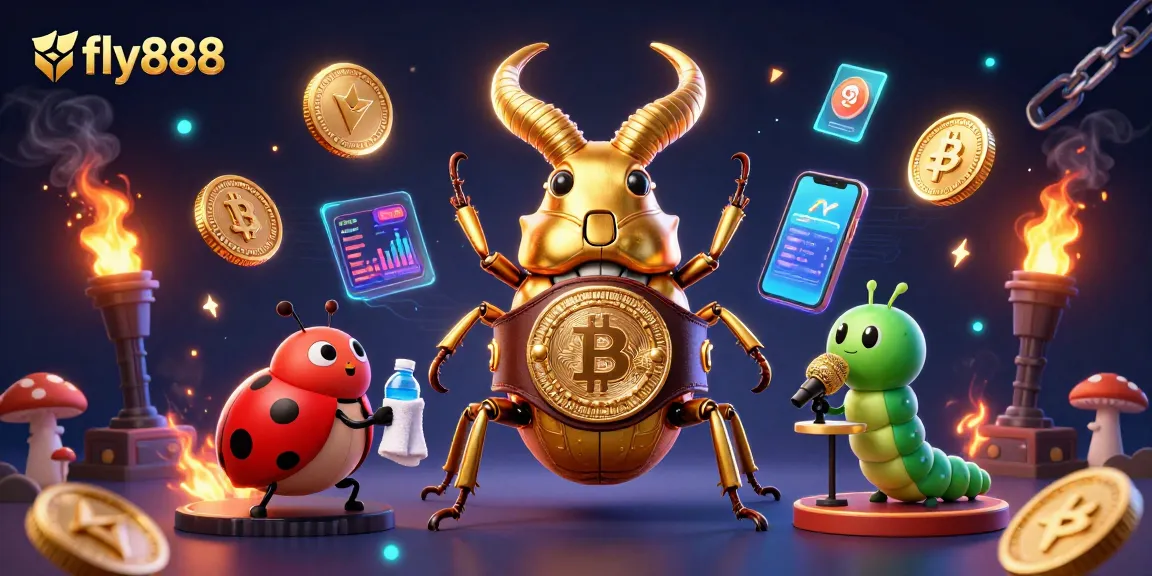 Experience the thrill of gaming with fly888 featuring golden elements and crypto-themed characters.