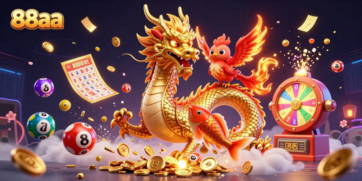Engage in thrilling gameplay with 88aa's dynamic scene of a dragon, phoenix, and koi amidst exciting casino elements.